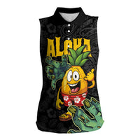 Hawaiian Halloween Women Sleeveless Polo Shirt Aloha Pinapple with Mysterious Hands and Polynesian Tribal Tattoo