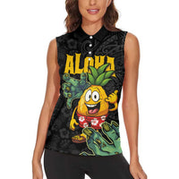 Hawaiian Halloween Women Sleeveless Polo Shirt Aloha Pinapple with Mysterious Hands and Polynesian Tribal Tattoo