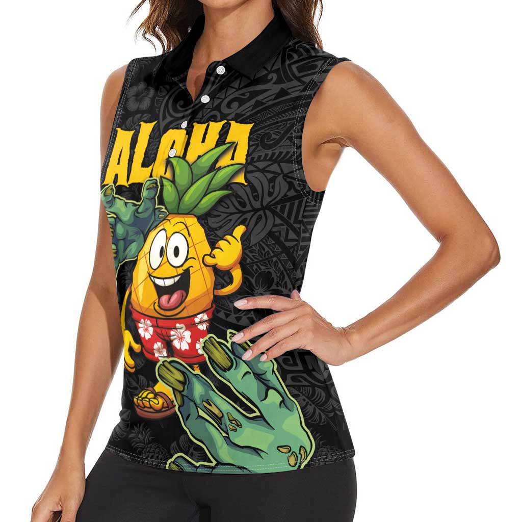 Hawaiian Halloween Women Sleeveless Polo Shirt Aloha Pinapple with Mysterious Hands and Polynesian Tribal Tattoo