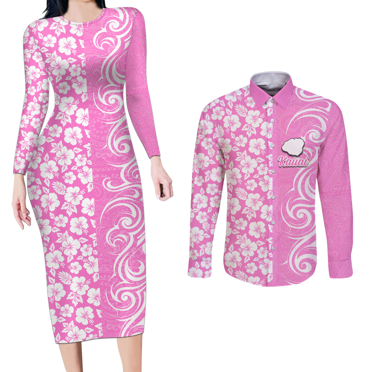 Hawaii Kauai Island Couples Matching Long Sleeve Bodycon Dress and Long Sleeve Button Shirts Hibiscus Pattern Seamless Tribal Simple Pink LT03 Pink - Polynesian Pride