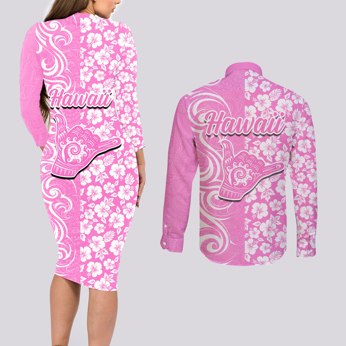 Hawaii Kauai Island Couples Matching Long Sleeve Bodycon Dress and Long Sleeve Button Shirts Hibiscus Pattern Seamless Tribal Simple Pink LT03 - Polynesian Pride