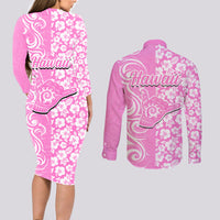 Hawaii Kauai Island Couples Matching Long Sleeve Bodycon Dress and Long Sleeve Button Shirts Hibiscus Pattern Seamless Tribal Simple Pink LT03 - Polynesian Pride