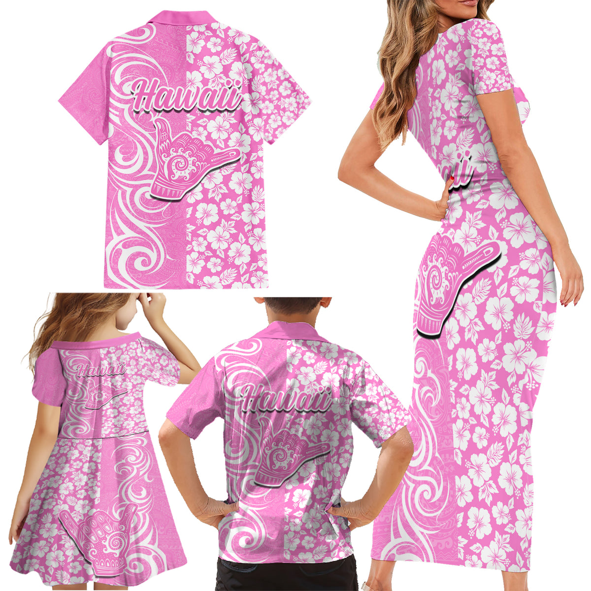 Hawaii Kauai Island Family Matching Short Sleeve Bodycon Dress and Hawaiian Shirt Hibiscus Pattern Seamless Tribal Simple Pink LT03 - Polynesian Pride
