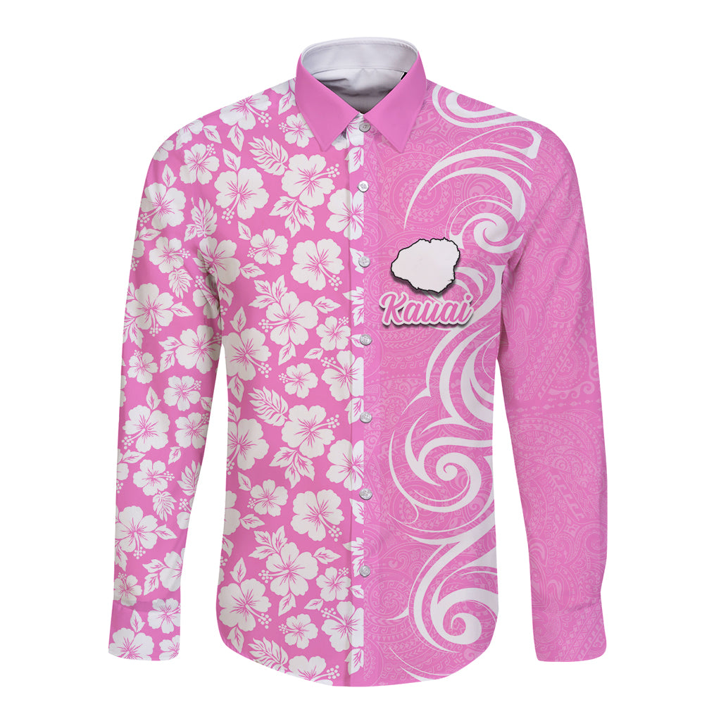 Hawaii Kauai Island Long Sleeve Button Shirt Hibiscus Pattern Seamless Tribal Simple Pink LT03 Unisex Pink - Polynesian Pride