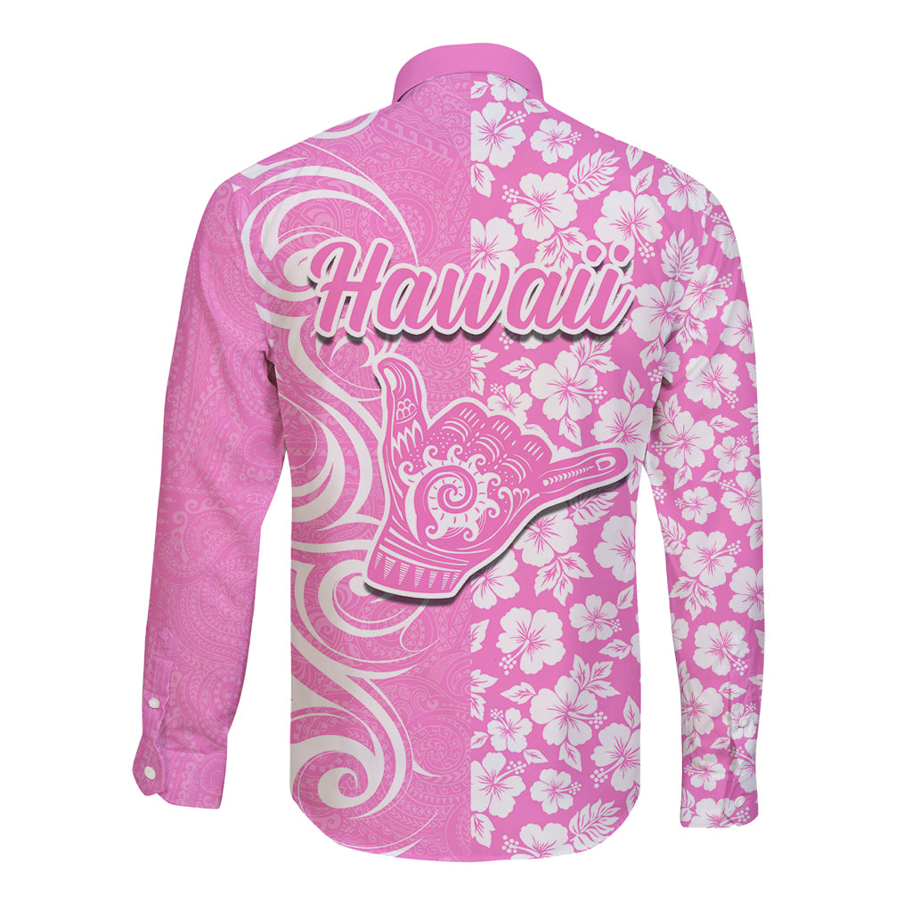 Hawaii Kauai Island Long Sleeve Button Shirt Hibiscus Pattern Seamless Tribal Simple Pink LT03 - Polynesian Pride