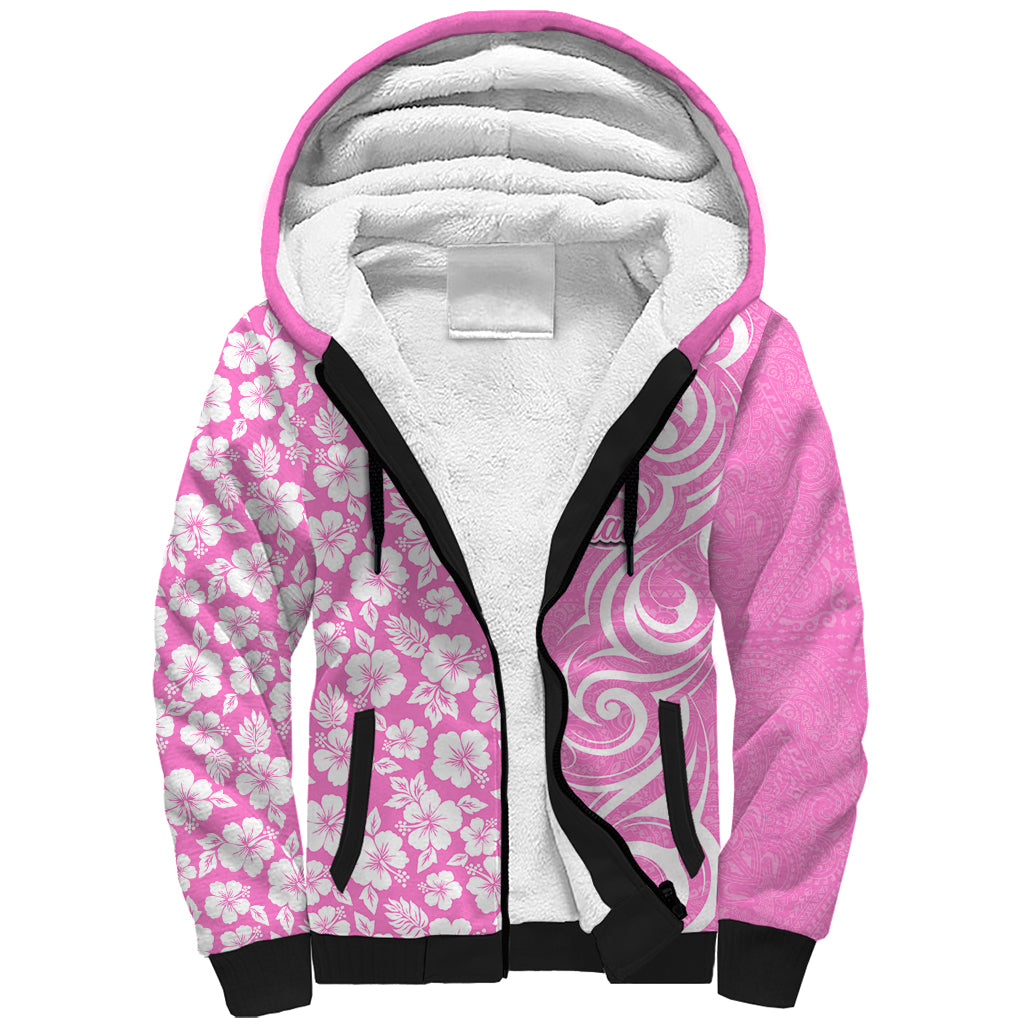 Hawaii Kauai Island Sherpa Hoodie Hibiscus Pattern Seamless Tribal Simple Pink LT03 Unisex Pink - Polynesian Pride