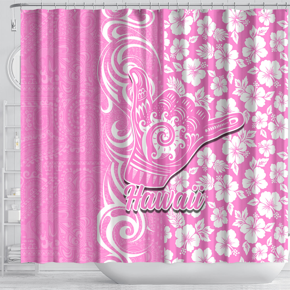 Hawaii Kauai Island Shower Curtain Hibiscus Pattern Seamless Tribal Simple Pink LT03 - Polynesian Pride