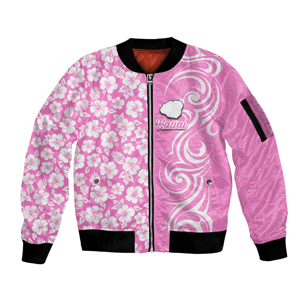 Hawaii Kauai Island Sleeve Zip Bomber Jacket Hibiscus Pattern Seamless Tribal Simple Pink LT03 Unisex Pink - Polynesian Pride