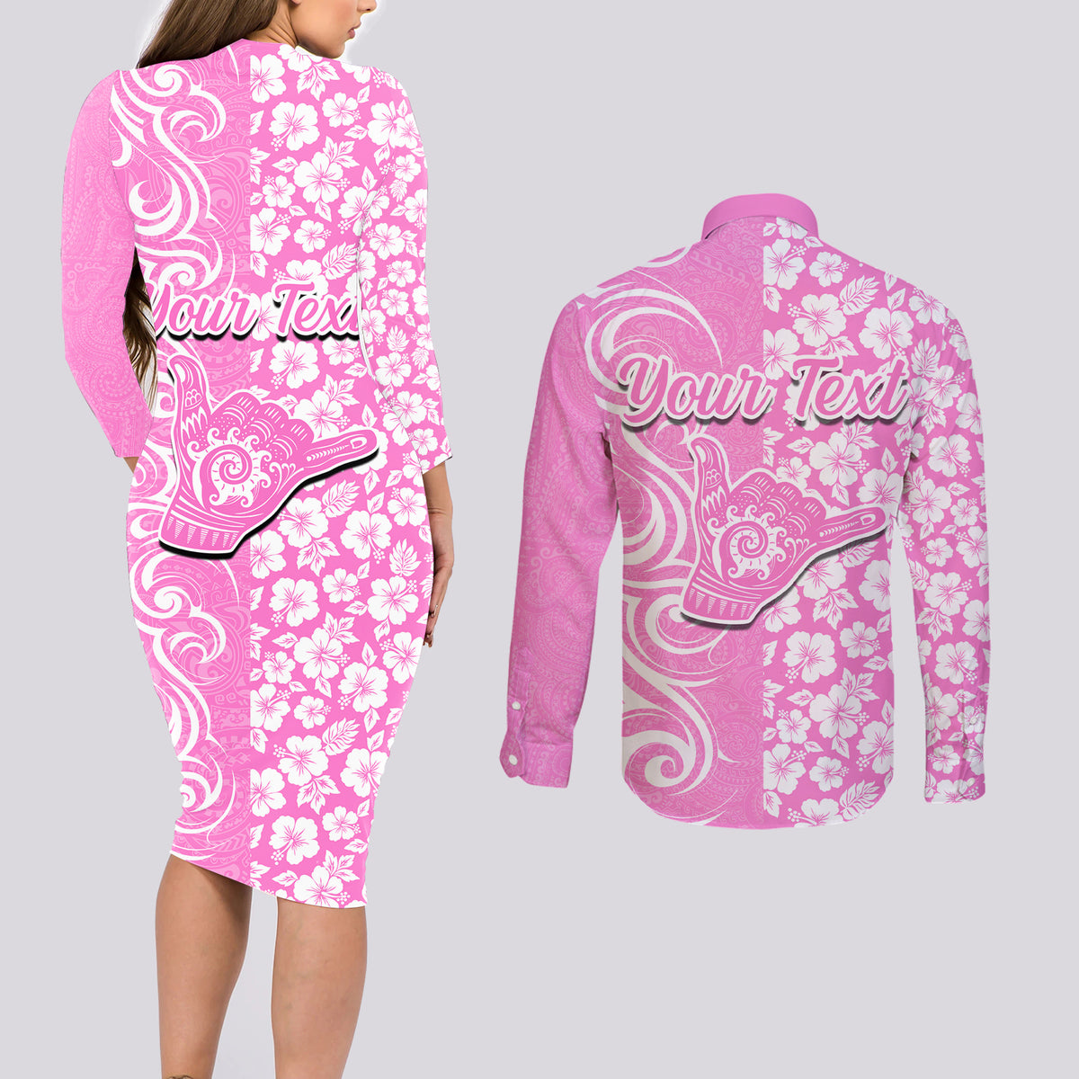 Custom Hawaii Kauai Island Couples Matching Long Sleeve Bodycon Dress and Long Sleeve Button Shirts Hibiscus Pattern Seamless Tribal Simple Pink LT03 - Polynesian Pride