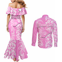 Custom Hawaii Kauai Island Couples Matching Mermaid Dress and Long Sleeve Button Shirts Hibiscus Pattern Seamless Tribal Simple Pink LT03 - Polynesian Pride