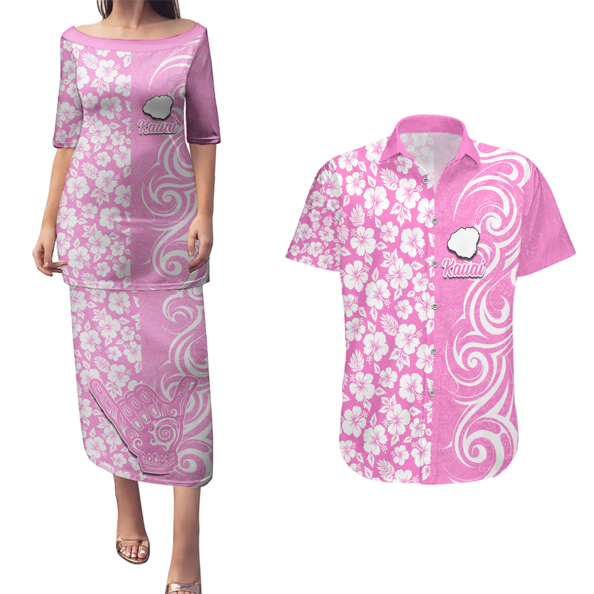 Custom Hawaii Kauai Island Couples Matching Puletasi Dress and Hawaiian Shirt Hibiscus Pattern Seamless Tribal Simple Pink LT03 Pink - Polynesian Pride