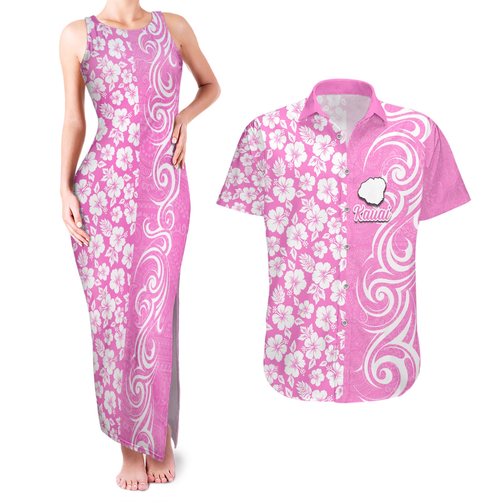 Custom Hawaii Kauai Island Couples Matching Tank Maxi Dress and Hawaiian Shirt Hibiscus Pattern Seamless Tribal Simple Pink LT03 Pink - Polynesian Pride
