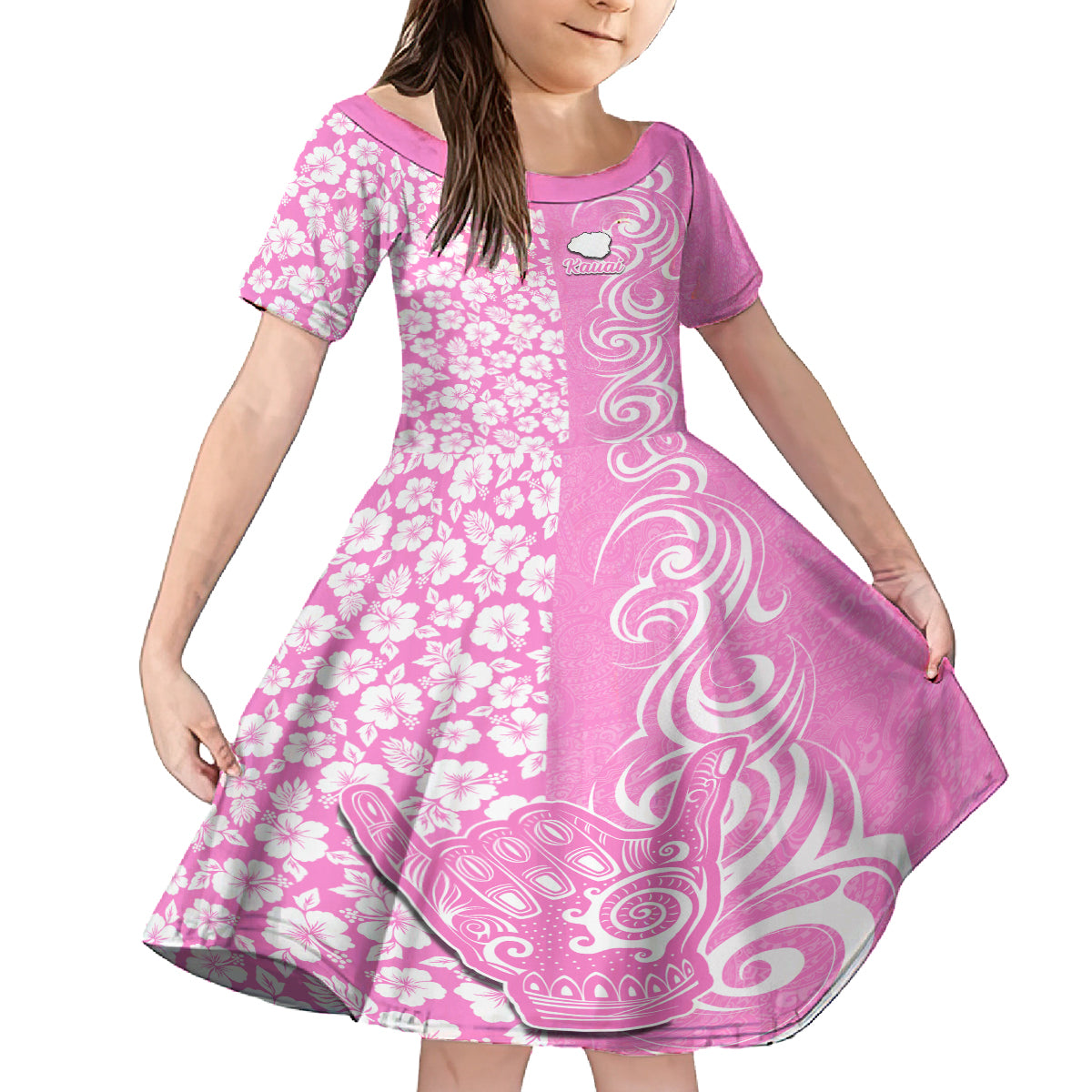 Custom Hawaii Kauai Island Family Matching Off Shoulder Short Dress and Hawaiian Shirt Hibiscus Pattern Seamless Tribal Simple Pink LT03 Daughter's Dress Pink - Polynesian Pride