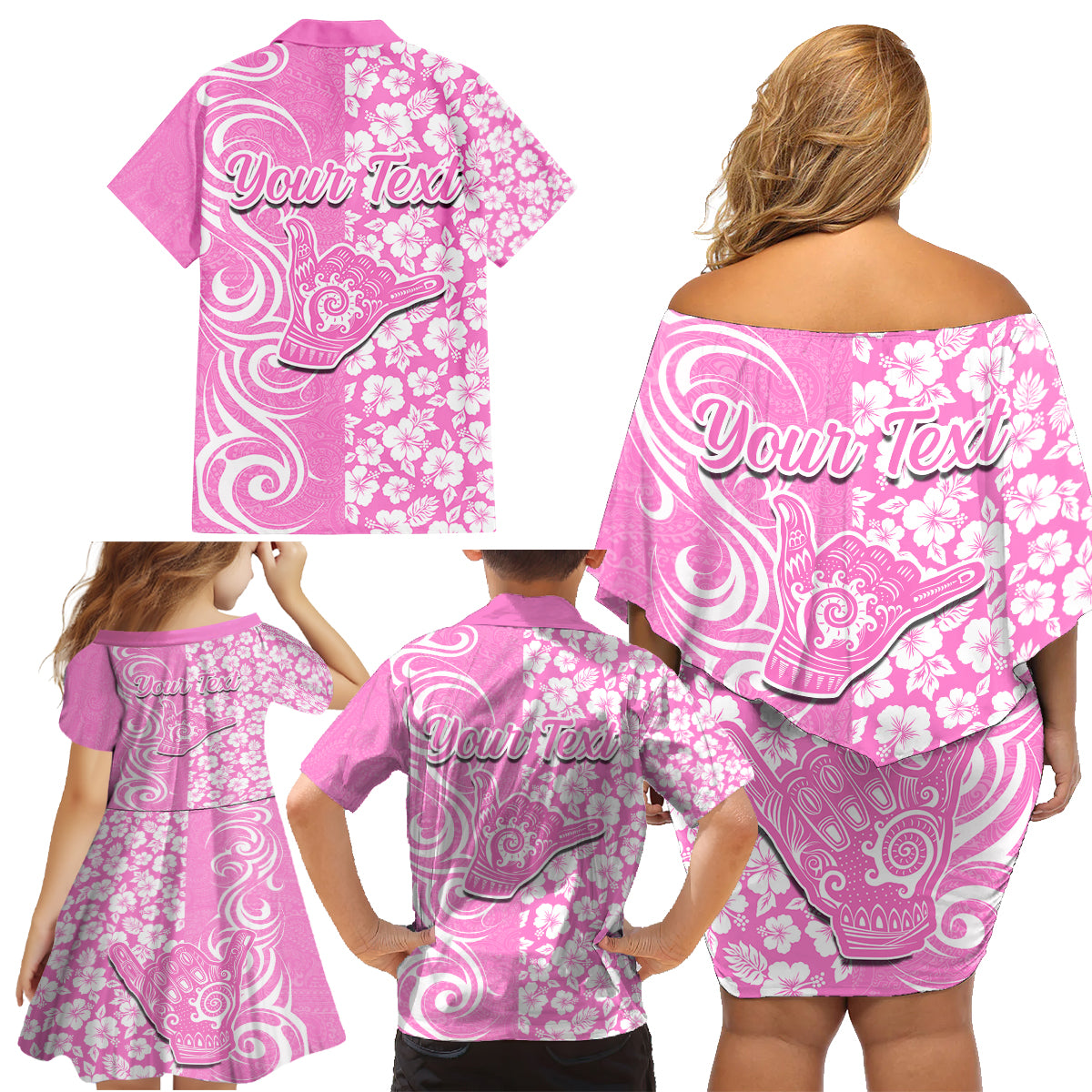 Custom Hawaii Kauai Island Family Matching Off Shoulder Short Dress and Hawaiian Shirt Hibiscus Pattern Seamless Tribal Simple Pink LT03 - Polynesian Pride