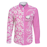 Custom Hawaii Kauai Island Family Matching Tank Maxi Dress and Hawaiian Shirt Hibiscus Pattern Seamless Tribal Simple Pink LT03 Dad's Shirt - Long Sleeve Pink - Polynesian Pride