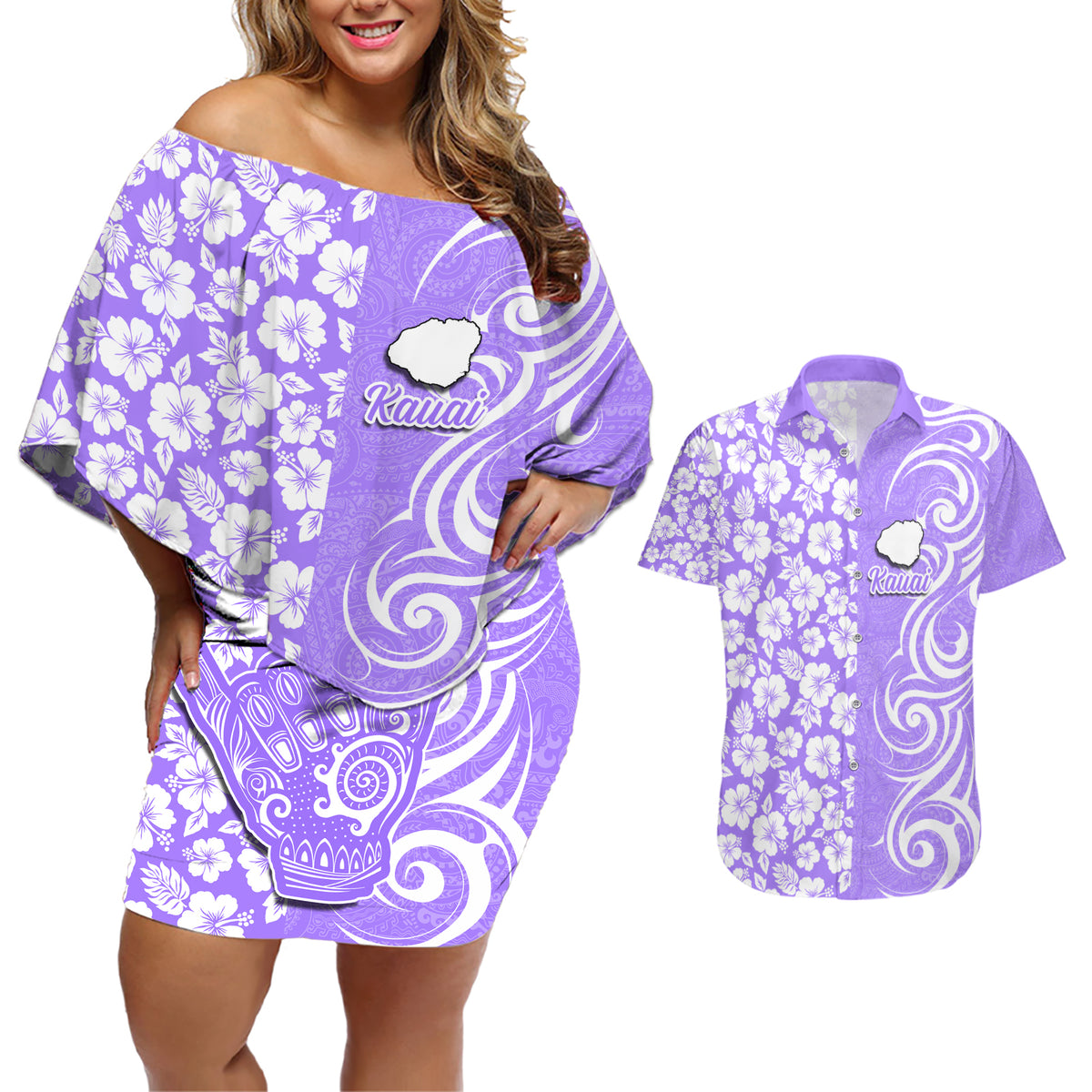 Hawaii Kauai Island Couples Matching Off Shoulder Short Dress and Hawaiian Shirt Hibiscus Pattern Seamless Tribal Simple Purple LT03 Purple - Polynesian Pride