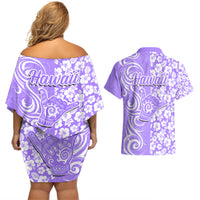 Hawaii Kauai Island Couples Matching Off Shoulder Short Dress and Hawaiian Shirt Hibiscus Pattern Seamless Tribal Simple Purple LT03 - Polynesian Pride