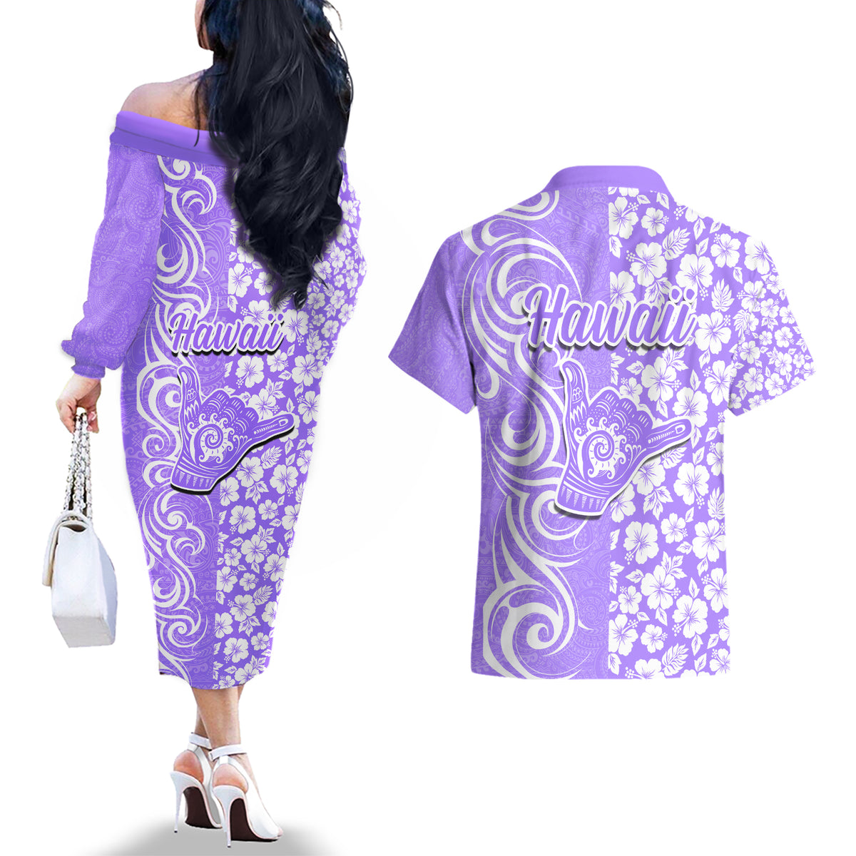 Hawaii Kauai Island Couples Matching Off The Shoulder Long Sleeve Dress and Hawaiian Shirt Hibiscus Pattern Seamless Tribal Simple Purple LT03 - Polynesian Pride
