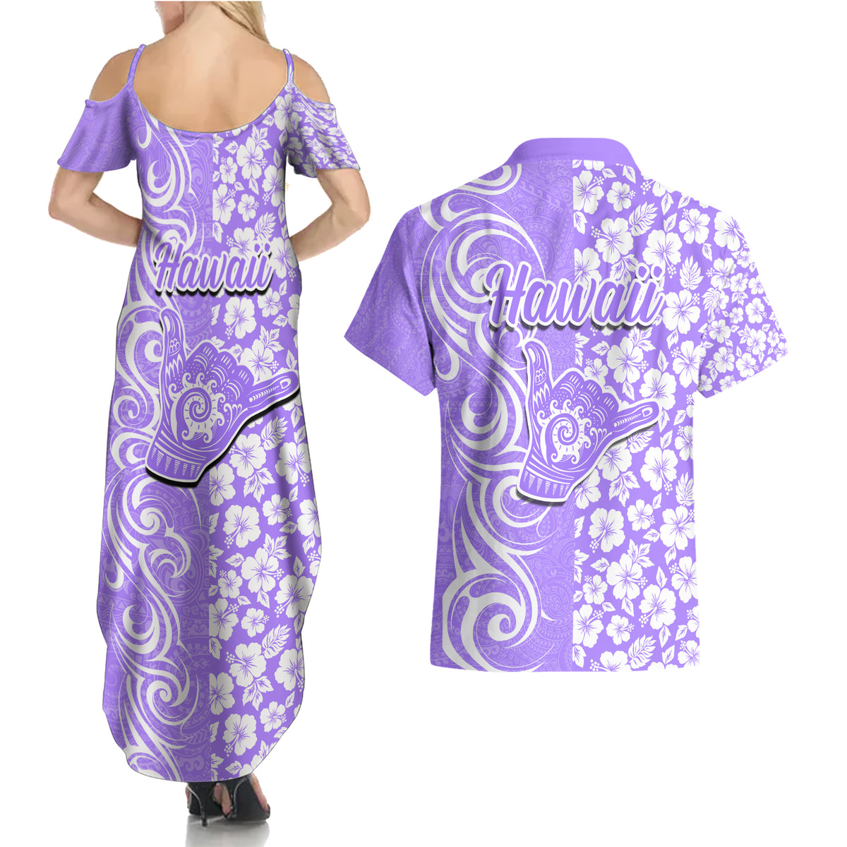 Hawaii Kauai Island Couples Matching Summer Maxi Dress and Hawaiian Shirt Hibiscus Pattern Seamless Tribal Simple Purple LT03 - Polynesian Pride