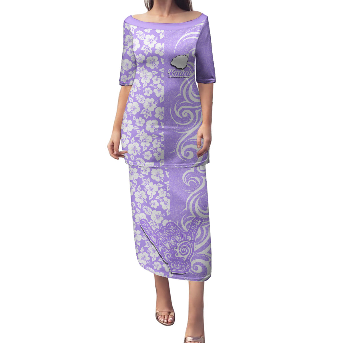 Hawaii Kauai Island Family Matching Puletasi Dress and Hawaiian Shirt Hibiscus Pattern Seamless Tribal Simple Purple LT03 Mom's Dress Purple - Polynesian Pride