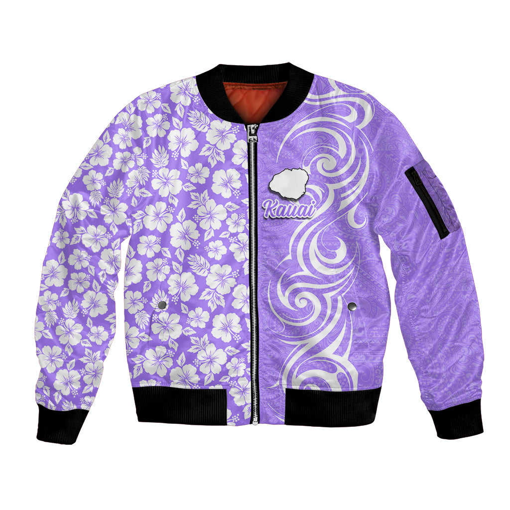 Hawaii Kauai Island Sleeve Zip Bomber Jacket Hibiscus Pattern Seamless Tribal Simple Purple LT03 Unisex Purple - Polynesian Pride