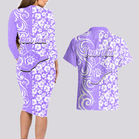 Custom Hawaii Kauai Island Couples Matching Long Sleeve Bodycon Dress and Hawaiian Shirt Hibiscus Pattern Seamless Tribal Simple Purple LT03 - Polynesian Pride