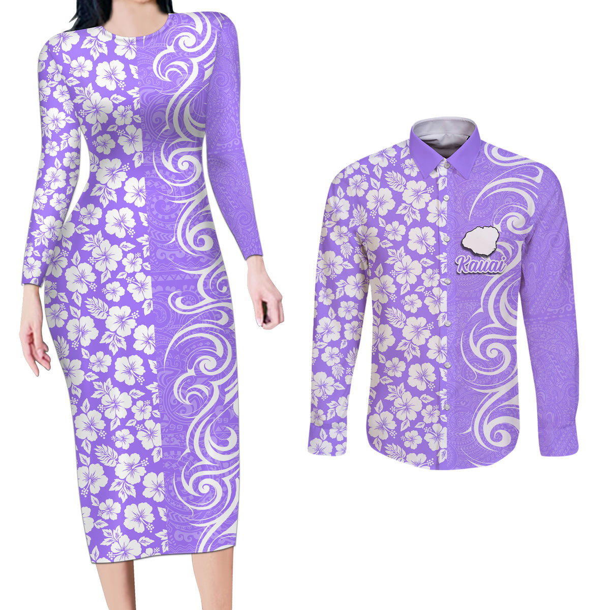 Custom Hawaii Kauai Island Couples Matching Long Sleeve Bodycon Dress and Long Sleeve Button Shirts Hibiscus Pattern Seamless Tribal Simple Purple LT03 Purple - Polynesian Pride
