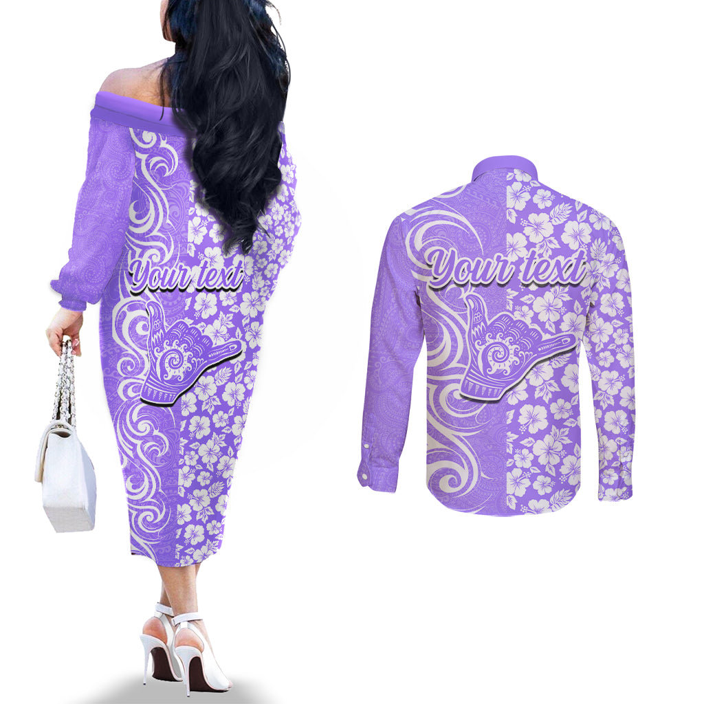 Custom Hawaii Kauai Island Couples Matching Off The Shoulder Long Sleeve Dress and Long Sleeve Button Shirts Hibiscus Pattern Seamless Tribal Simple Purple LT03 - Polynesian Pride
