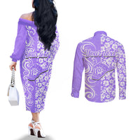 Custom Hawaii Kauai Island Couples Matching Off The Shoulder Long Sleeve Dress and Long Sleeve Button Shirts Hibiscus Pattern Seamless Tribal Simple Purple LT03 - Polynesian Pride