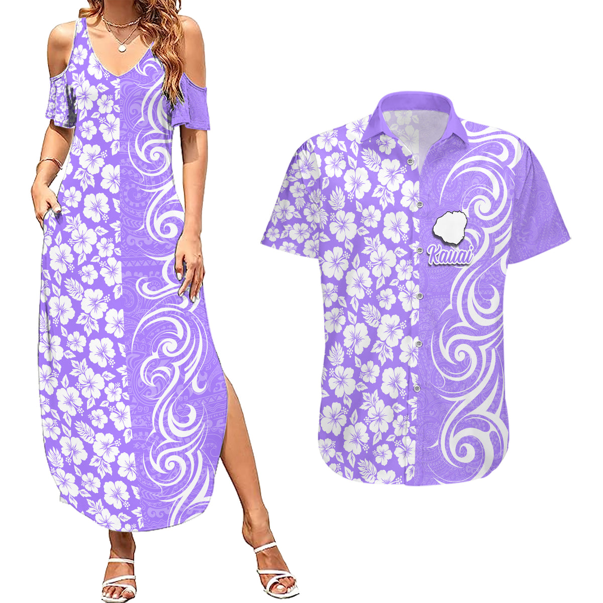 Custom Hawaii Kauai Island Couples Matching Summer Maxi Dress and Hawaiian Shirt Hibiscus Pattern Seamless Tribal Simple Purple LT03 Purple - Polynesian Pride