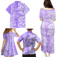 Custom Hawaii Kauai Island Family Matching Puletasi Dress and Hawaiian Shirt Hibiscus Pattern Seamless Tribal Simple Purple LT03 - Polynesian Pride