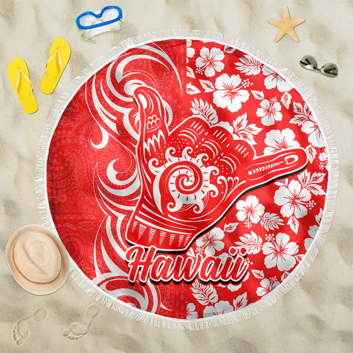 Hawaii Kauai Island Beach Blanket Hibiscus Pattern Seamless Tribal Simple Red LT03 One Size 150cm Red - Wonder Print Shop