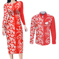 Hawaii Kauai Island Couples Matching Long Sleeve Bodycon Dress and Long Sleeve Button Shirts Hibiscus Pattern Seamless Tribal Simple Red LT03 Red - Polynesian Pride