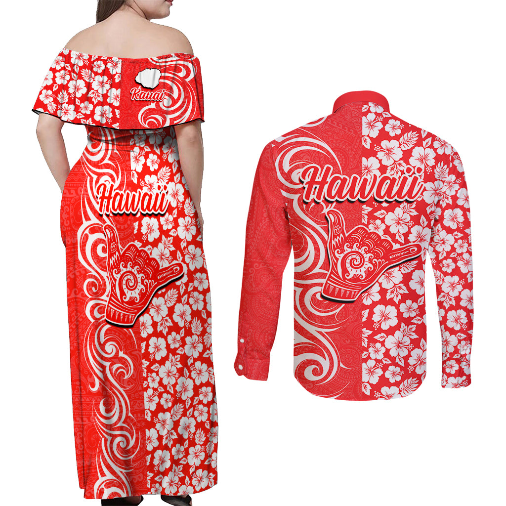 Hawaii Kauai Island Couples Matching Off Shoulder Maxi Dress and Long Sleeve Button Shirts Hibiscus Pattern Seamless Tribal Simple Red LT03 - Polynesian Pride