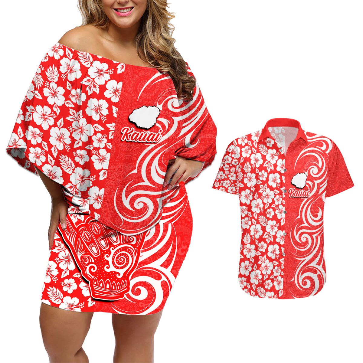Hawaii Kauai Island Couples Matching Off Shoulder Short Dress and Hawaiian Shirt Hibiscus Pattern Seamless Tribal Simple Red LT03 Red - Polynesian Pride