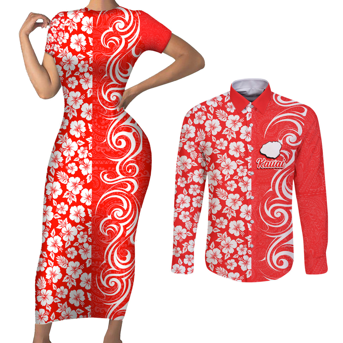 Hawaii Kauai Island Couples Matching Short Sleeve Bodycon Dress and Long Sleeve Button Shirts Hibiscus Pattern Seamless Tribal Simple Red LT03 Red - Polynesian Pride