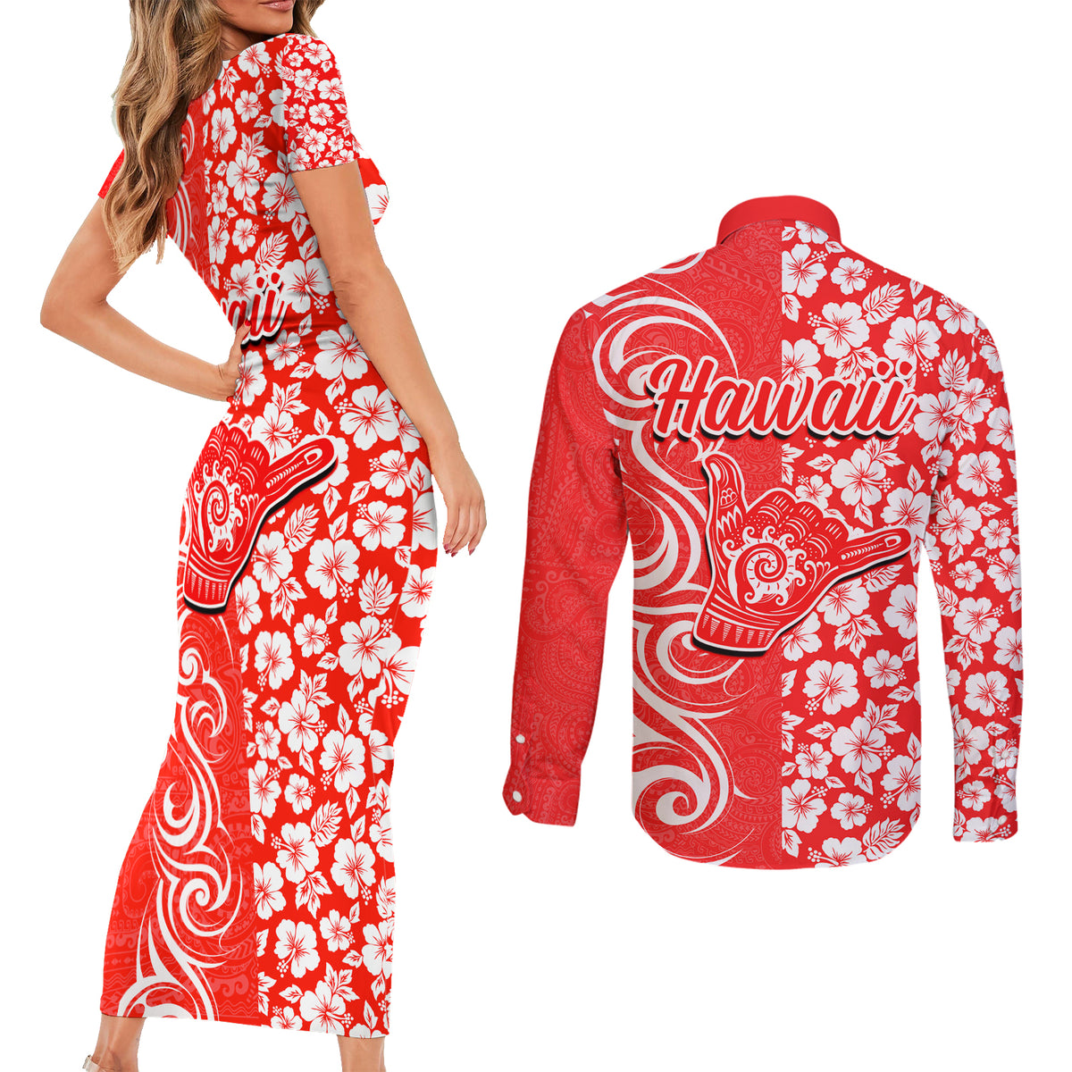 Hawaii Kauai Island Couples Matching Short Sleeve Bodycon Dress and Long Sleeve Button Shirts Hibiscus Pattern Seamless Tribal Simple Red LT03 - Polynesian Pride
