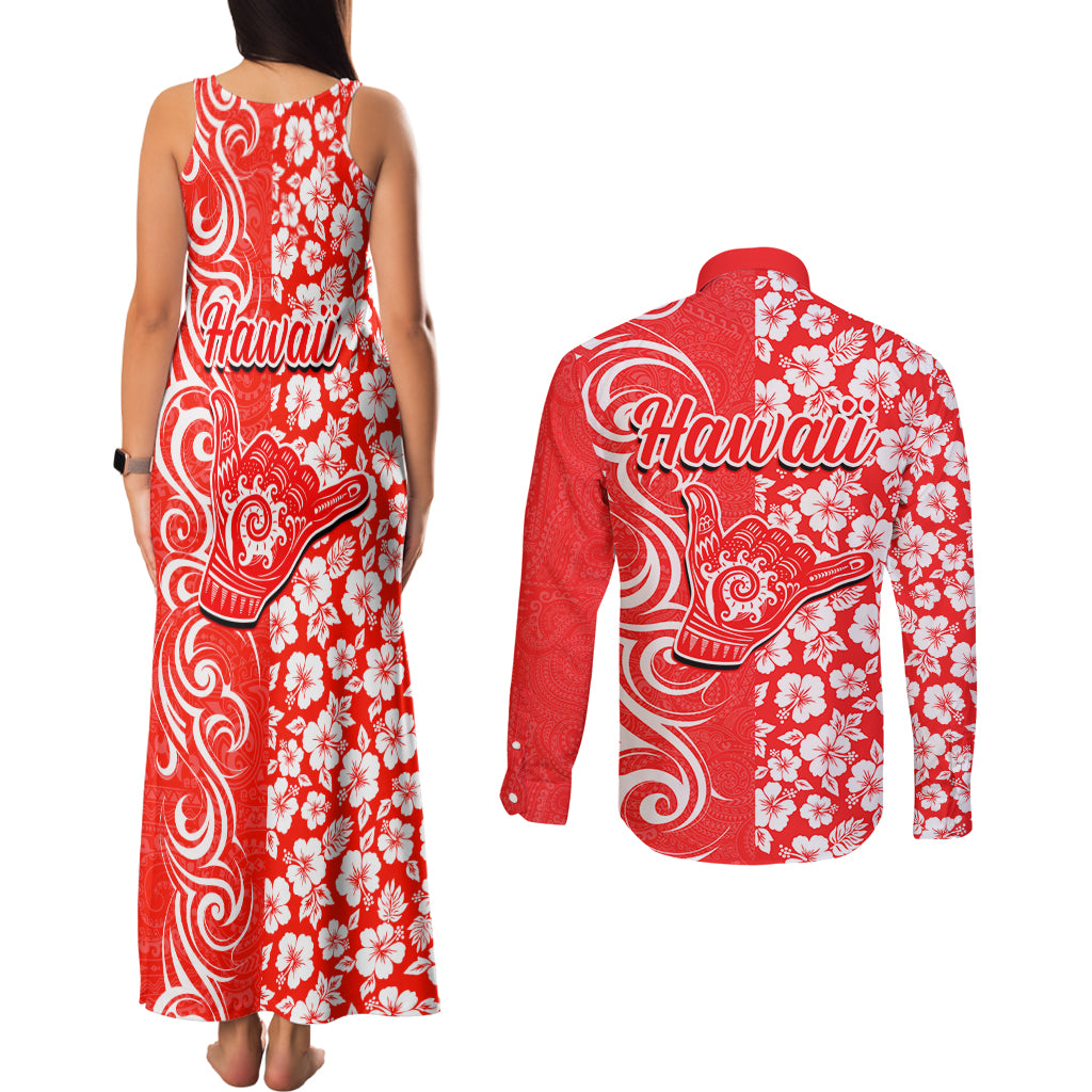 Hawaii Kauai Island Couples Matching Tank Maxi Dress and Long Sleeve Button Shirts Hibiscus Pattern Seamless Tribal Simple Red LT03 - Polynesian Pride