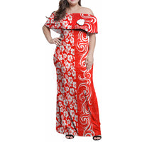 Hawaii Kauai Island Family Matching Off Shoulder Maxi Dress and Hawaiian Shirt Hibiscus Pattern Seamless Tribal Simple Red LT03 Mom's Dress Red - Polynesian Pride