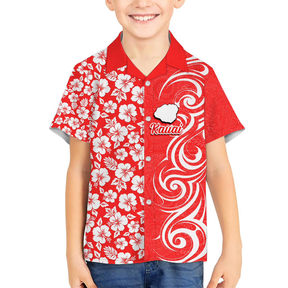 Hawaii Kauai Island Kid Hawaiian Shirt Hibiscus Pattern Seamless Tribal Simple Red LT03 Kid Red - Polynesian Pride