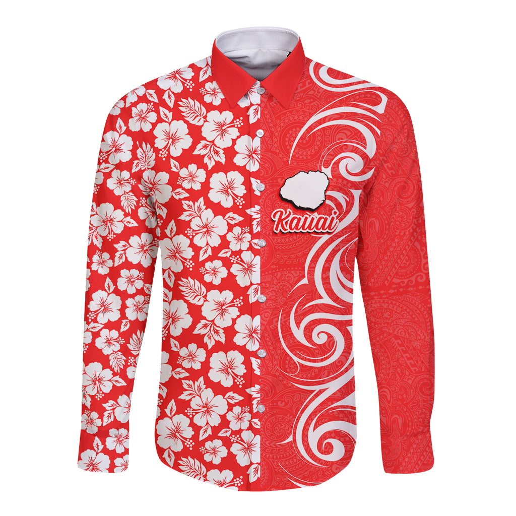 Hawaii Kauai Island Long Sleeve Button Shirt Hibiscus Pattern Seamless Tribal Simple Red LT03 Unisex Red - Polynesian Pride