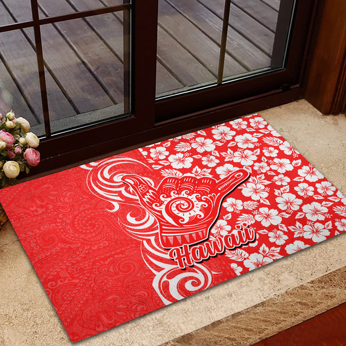 Hawaii Kauai Island Rubber Doormat Hibiscus Pattern Seamless Tribal Simple Red LT03 - Polynesian Pride