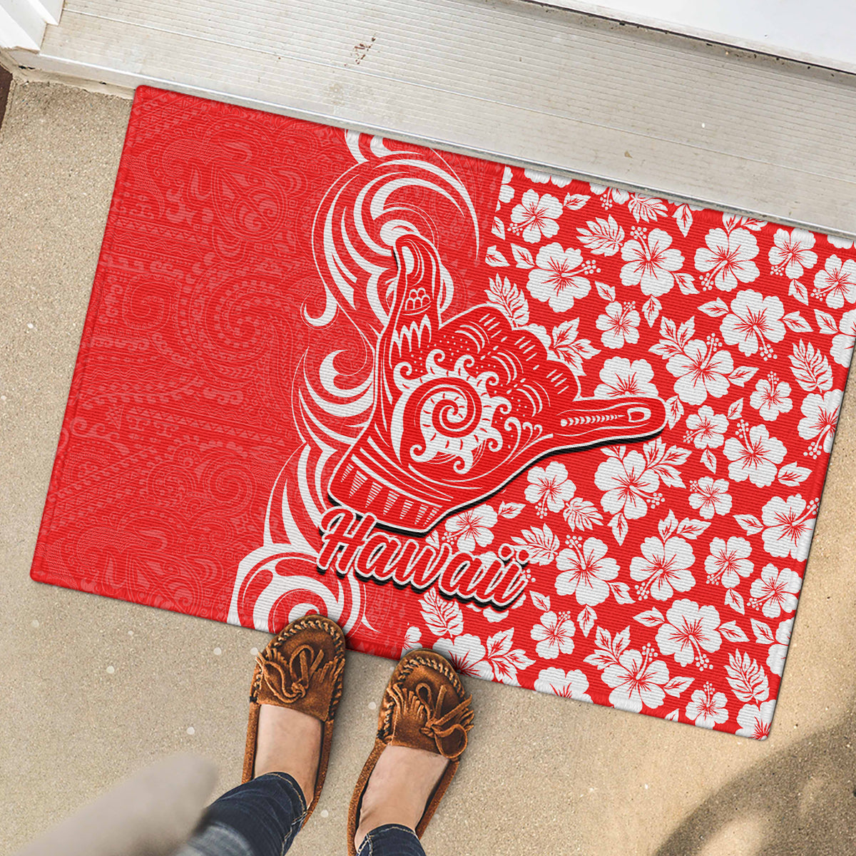 Hawaii Kauai Island Rubber Doormat Hibiscus Pattern Seamless Tribal Simple Red LT03 - Polynesian Pride