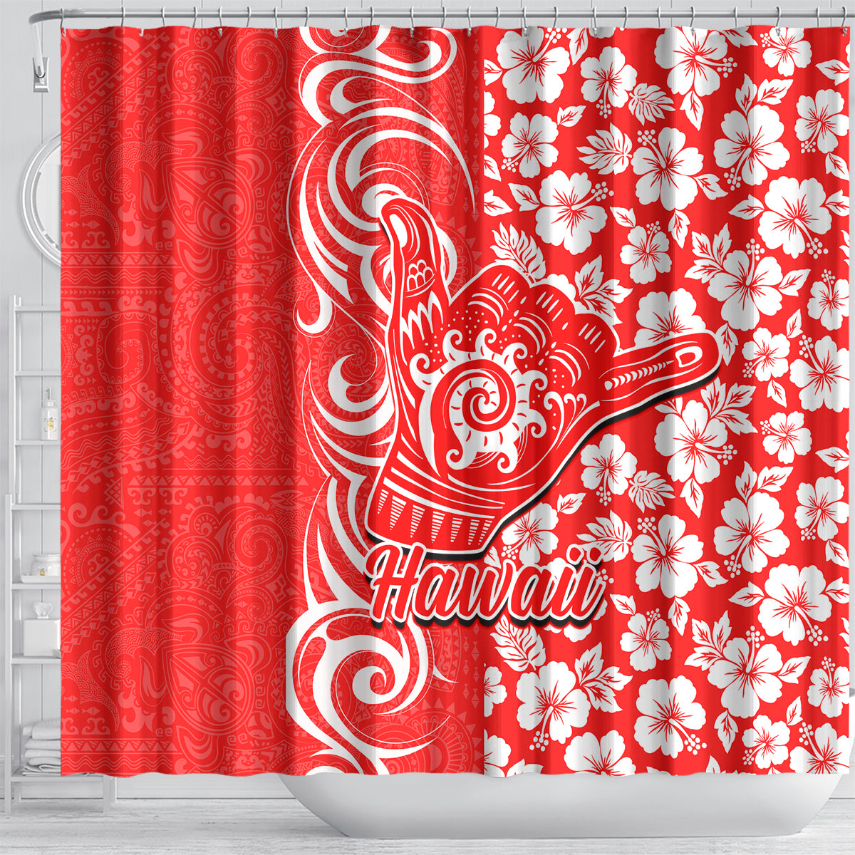 Hawaii Kauai Island Shower Curtain Hibiscus Pattern Seamless Tribal Simple Red LT03 - Polynesian Pride