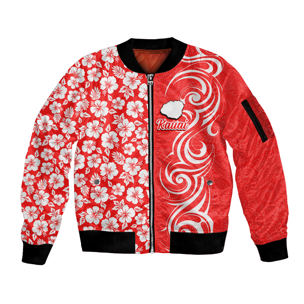 Hawaii Kauai Island Sleeve Zip Bomber Jacket Hibiscus Pattern Seamless Tribal Simple Red LT03 Unisex Red - Polynesian Pride