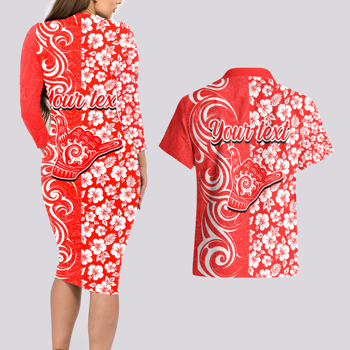 Custom Hawaii Kauai Island Couples Matching Long Sleeve Bodycon Dress and Hawaiian Shirt Hibiscus Pattern Seamless Tribal Simple Red LT03 - Polynesian Pride