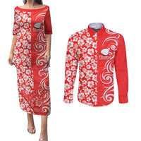 Custom Hawaii Kauai Island Couples Matching Puletasi Dress and Long Sleeve Button Shirts Hibiscus Pattern Seamless Tribal Simple Red LT03 Red - Polynesian Pride