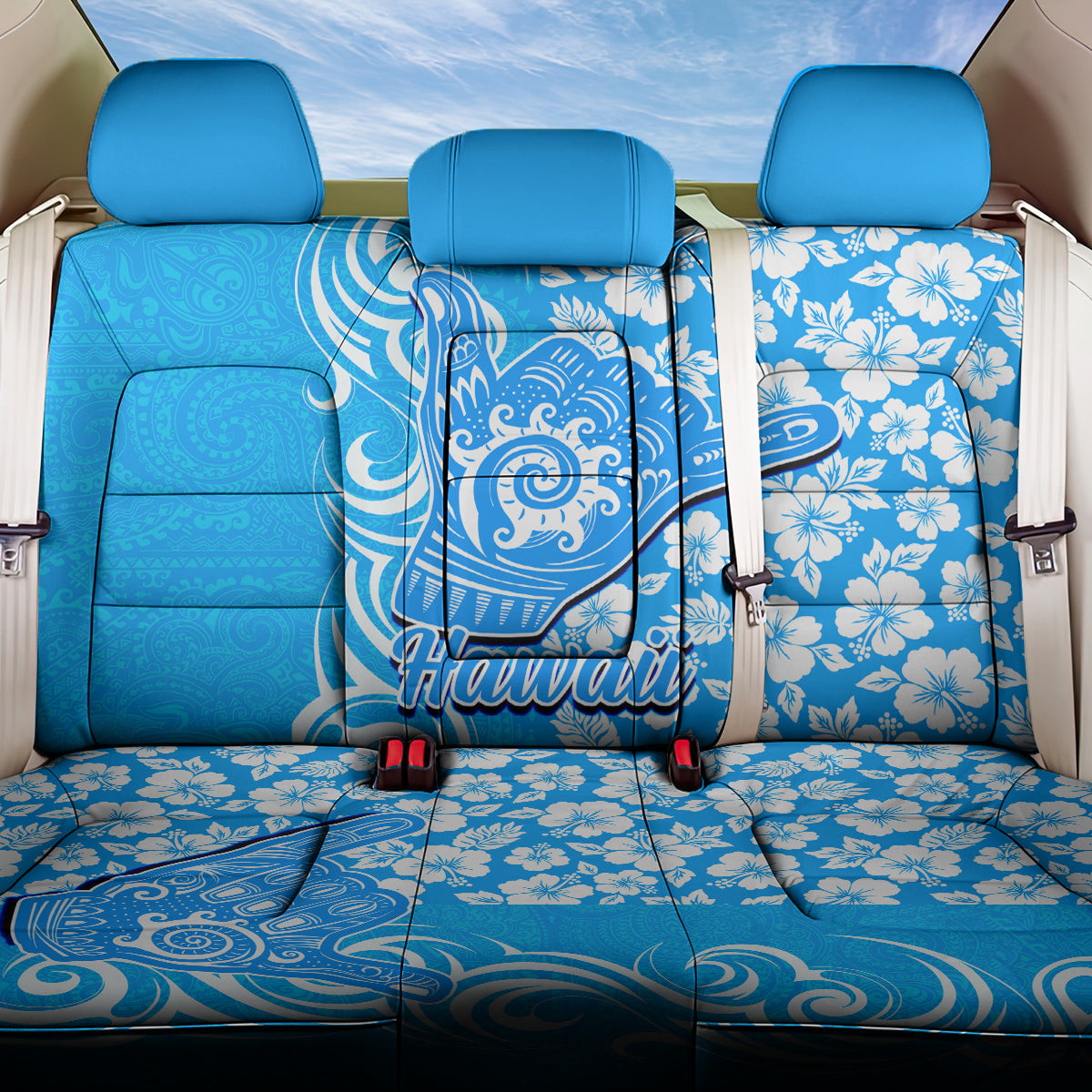 Hawaii Kauai Island Back Car Seat Cover Hibiscus Pattern Seamless Tribal Simple Blue LT03 One Size Blue - Polynesian Pride