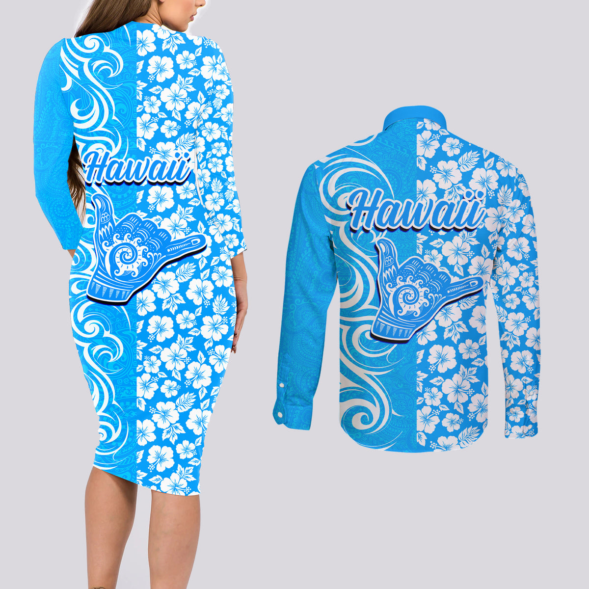 Hawaii Kauai Island Couples Matching Long Sleeve Bodycon Dress and Long Sleeve Button Shirts Hibiscus Pattern Seamless Tribal Simple Blue LT03 - Polynesian Pride