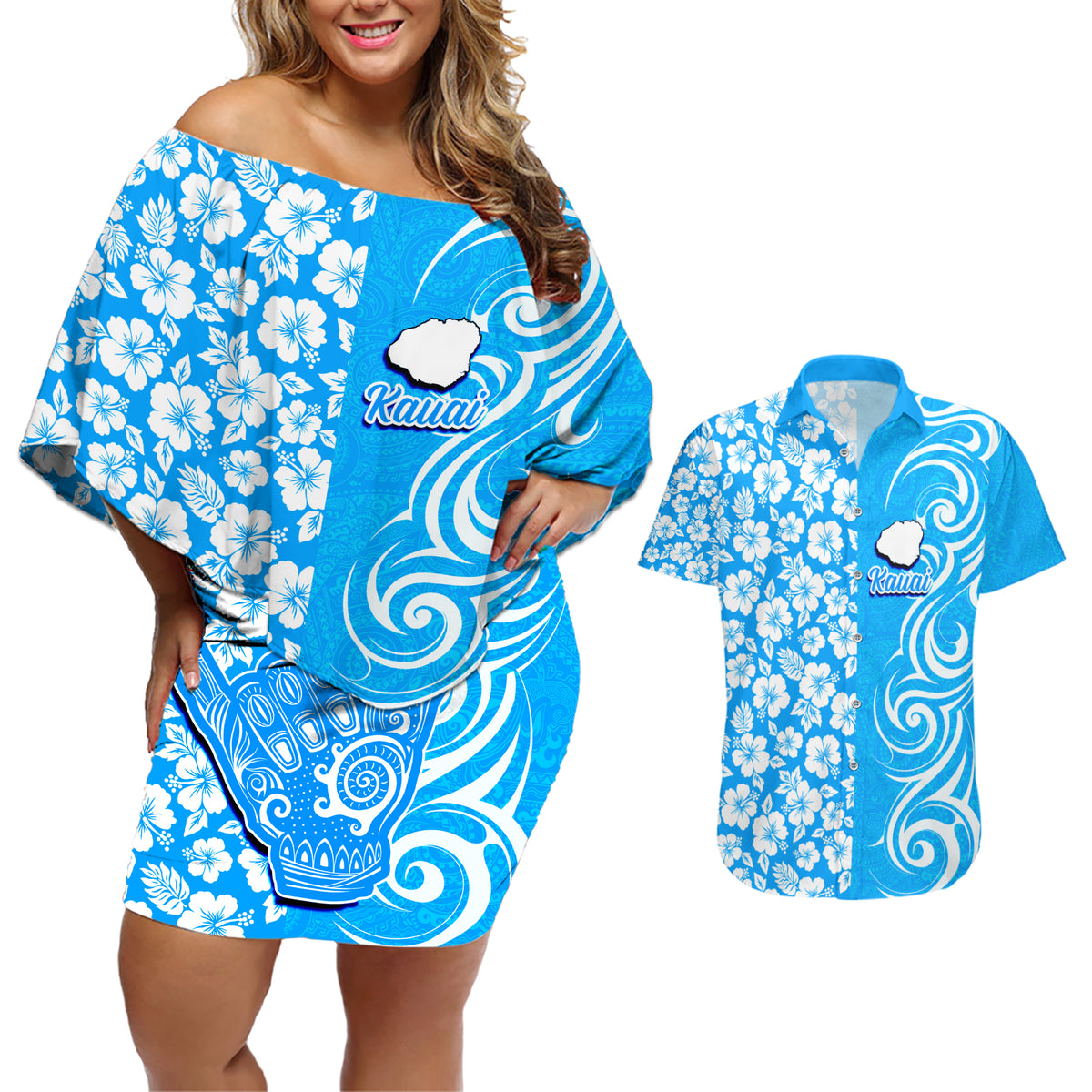 Hawaii Kauai Island Couples Matching Off Shoulder Short Dress and Hawaiian Shirt Hibiscus Pattern Seamless Tribal Simple Blue LT03 Blue - Polynesian Pride